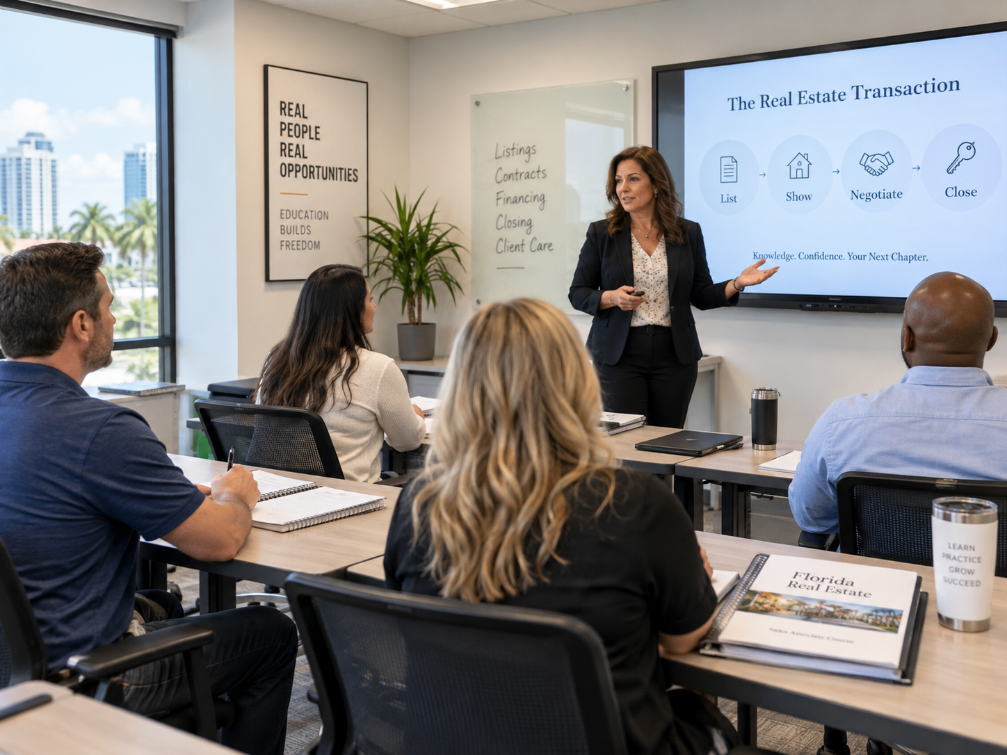 Real estate instructor teaching adult students in a classroom